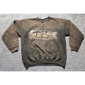Vintage Stone Aged Rock Wear Crewneck Sweatshirt Running Horses Mustangs Brown